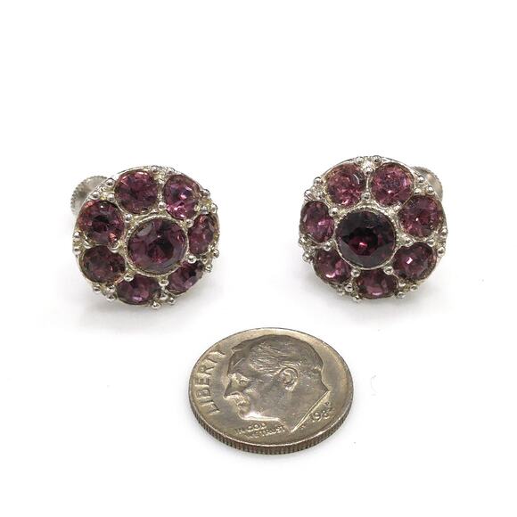 Bogoff Purple Rhinestone Screw Back Earrings, Rhodium Plated, 1940s Vintage - Picture 7 of 10